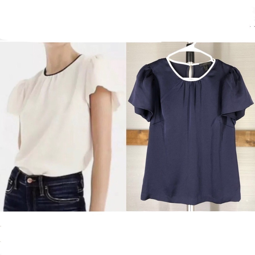 J. CREW Blue‎ Satin Puffed Short Sleeve Top White trim Sz 2